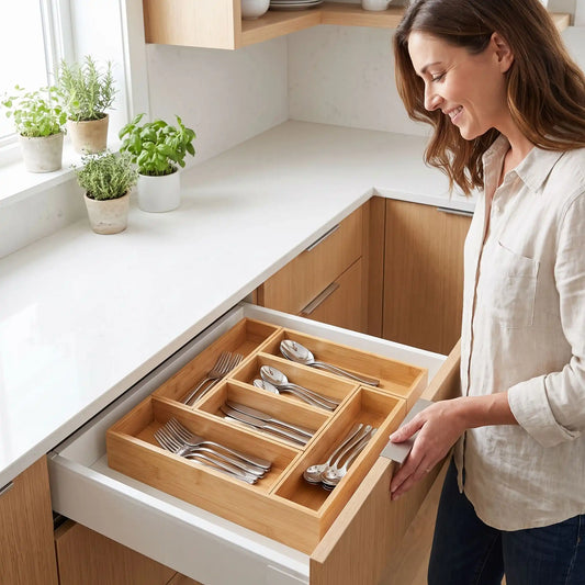 femme satisfaite de ce rangement pour couverts