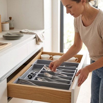 Range couvert gris femme qui range des ustensiles
