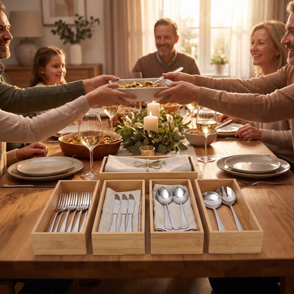Un rangement pour couverts pratique dépassable sur une table de diner en famille